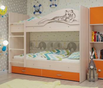 Кровать Мая-Сафари двухъярусная с ящикамиМлечный дуб/Оранжевый в Марусино - marusino.mebel54.com | фото